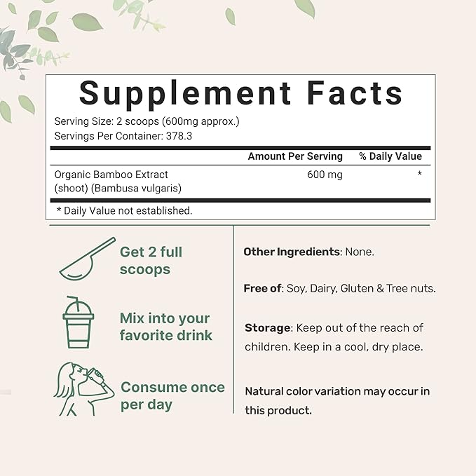 Micro Ingredients Organic Bamboo Extract Powder, 8 Ounce (1 Year Supply), Rich in Silica and Minerals, Supports Healthy Skin, Nail, Hair, Joints and Bones, Non-GMO and Vegan Friendly
