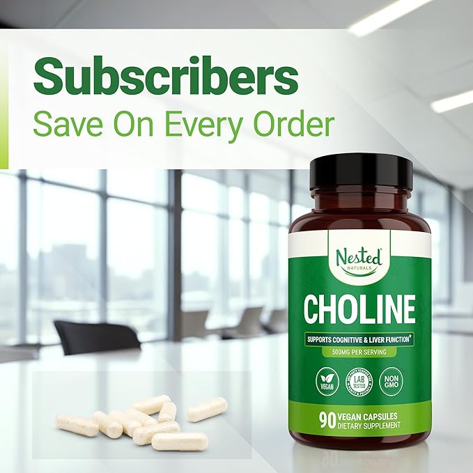 Nested Naturals Choline Bitartrate 500mg - High Potency Choline Supplements - Supports Cognitive Performance & Liver Function - 100% Vegan & Non-GMO - 2-Pack (180 Vegan Capsules)