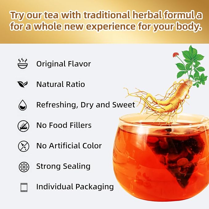 Ginseng Five Treasures Tea - 6 Precious Herbs Kidney Cleanse & Detox Tea, Traditional Chinese Organic Herbal Blend with Ginseng, Goji, Red Date for Men & Women (40 Bags)