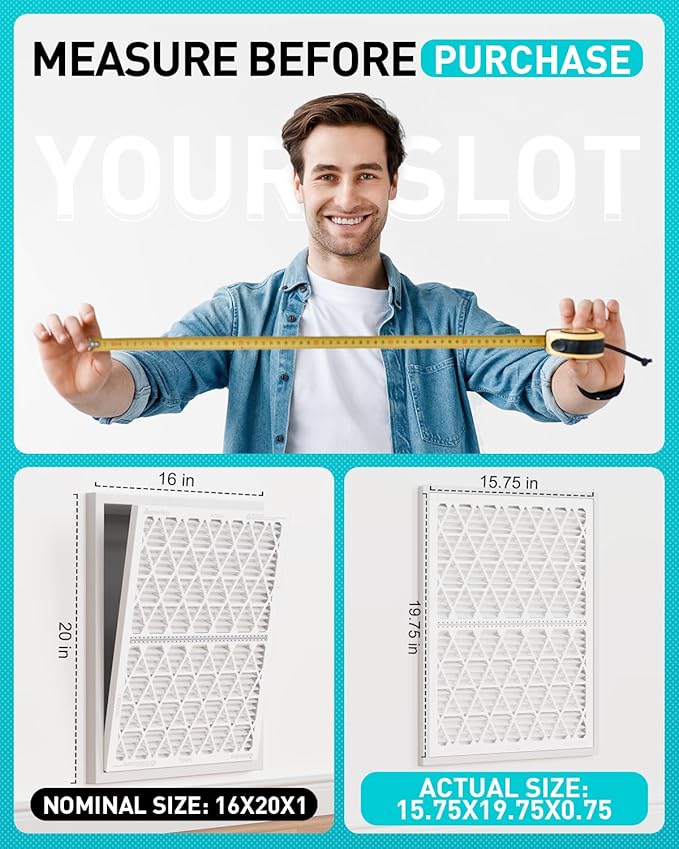 16x20x1 Refillable Air Filter Kit, MERV 8, 1 Reusable Foldable Frame & 6 Refills, Fits Most AC HVAC Furnace Filter, Actual Size 15.75x19.75x0.75in