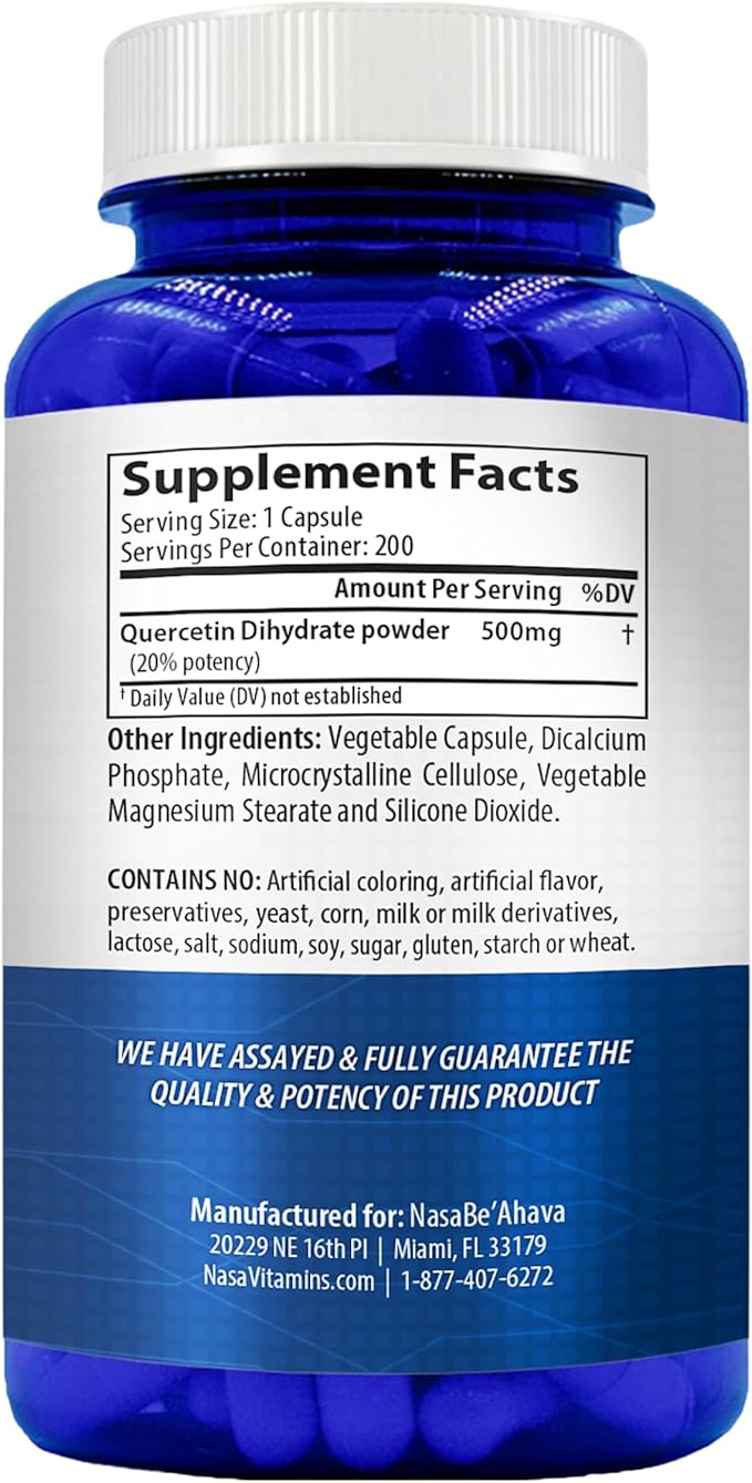 Quercetin 500mg Capsules | Vegan Friendly Quercetin Dihydrate High Potency Antioxidant Supplement for Skin Heart and Immune Support | Gluten-Free | Made in the USA in GMP Facilities (200 Servings)