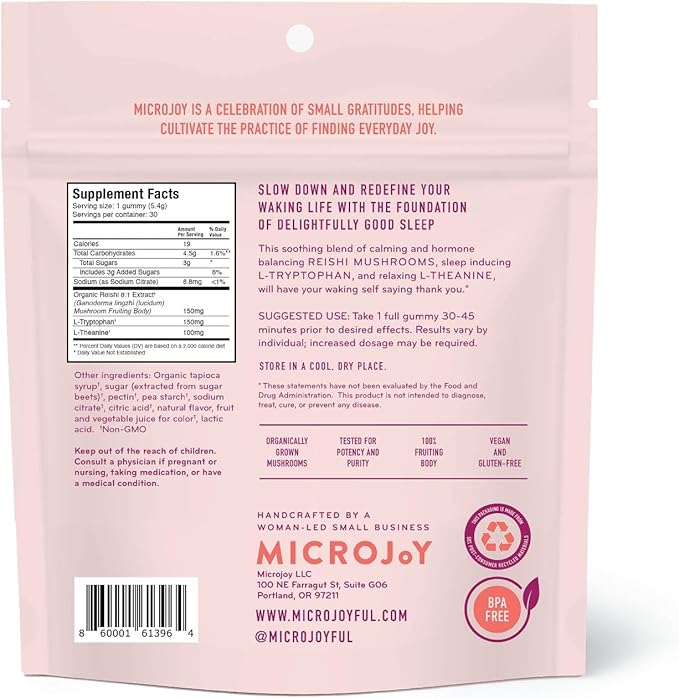Microjoy Hibernate Gummies – Natural Sleep Aid with Reishi Mushroom – Stress Relief and Mood Support – Vegan, Non-GMO, Cherry Flavor (30 Gummies)