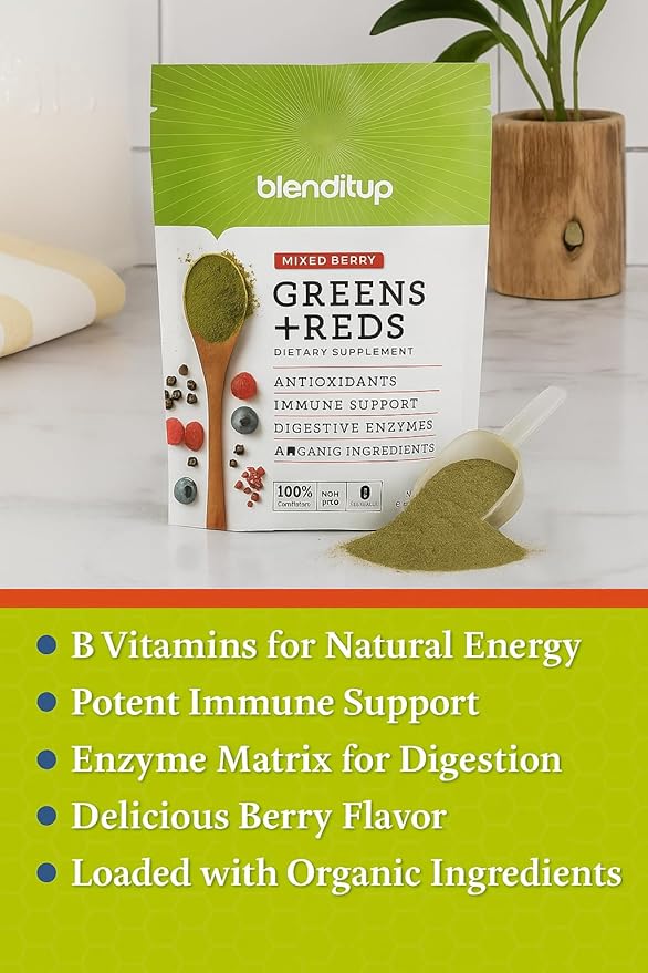 BlendItUp Super Greens & Reds | Potent Immune Support & Digestion | 30-Day Supply | Organic Vegan Greens | Helps Decrease Cortisol | Total Body Wellness | Enzyme Matrix for Optimal Absorption