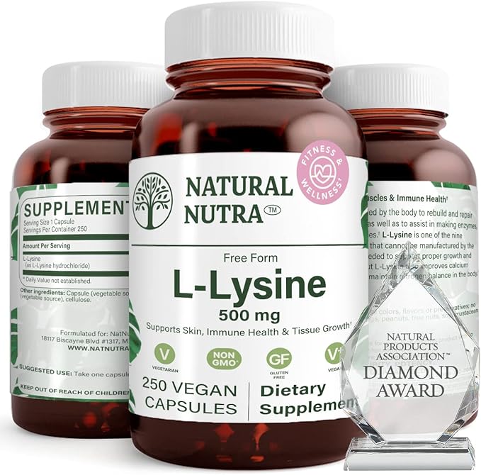 Natural Nutra L Lysine HCl, Promotes Bone Health and Growth, Support Skin Health, Improve Vitamin C Absorption, Helps Built Collagen, Improve Calcium Absorption, Non-GMO, Vegan, 500 mg, 250 Capsules.
