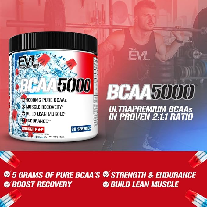 EVL BCAAs Amino Acids Powder - BCAA Powder Post Workout Recovery Drink and Stim Free Pre Workout Energy Drink Powder - 5g Branched Chain Amino Acids Supplement for Men - Rocket Pop