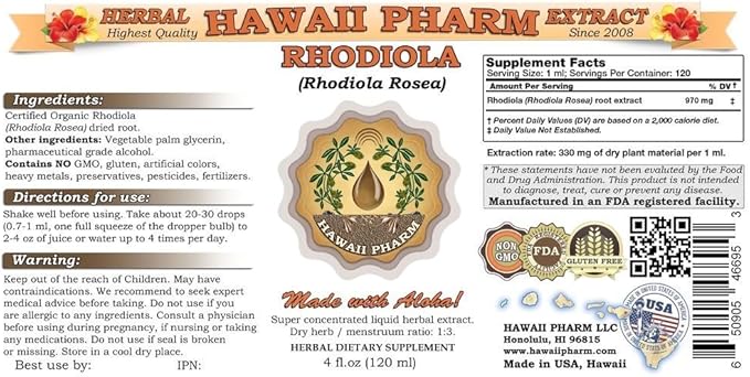 HawaiiPharm Rhodiola Liquid Extract, Organic Rhodiola (Rhodiola Rosea) Tincture 4 oz
