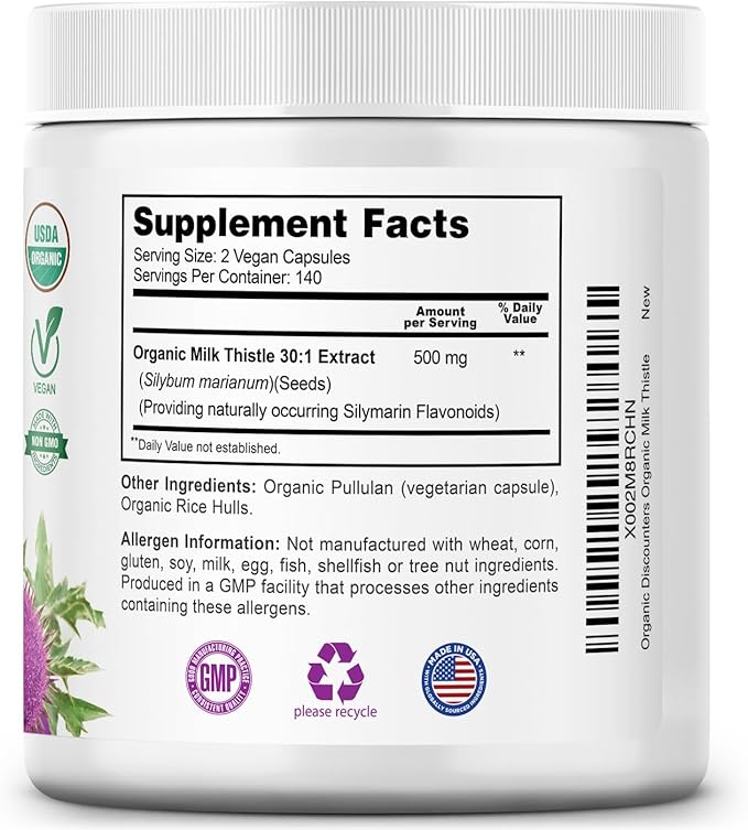 Milk Thistle Capsules, 280 Count, 7500 mg Strength, Potent 30:1 Extract, USDA Certified Organic, Rich in Silymarin Flavonoids, Vegan, Non-GMO and All-Natural