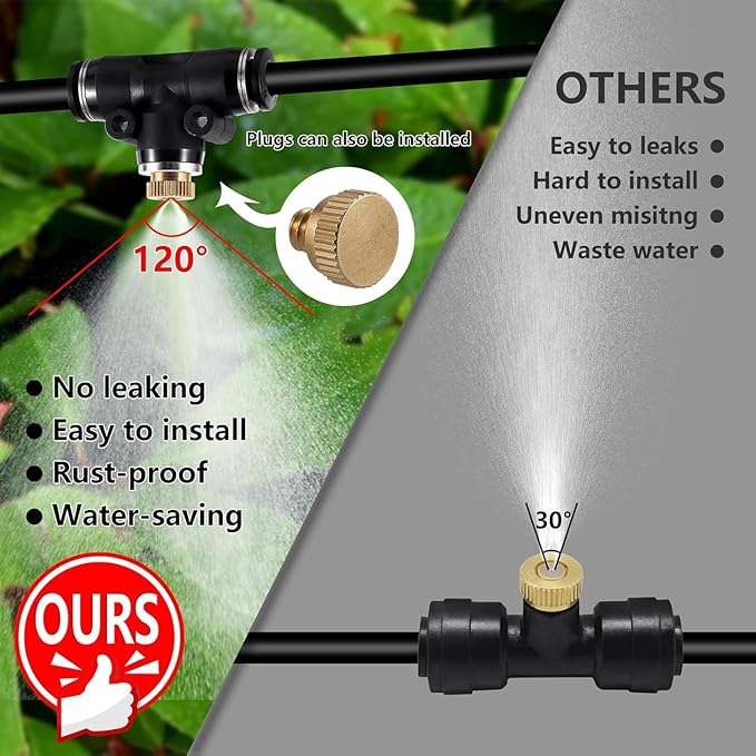 24 Pack Brass Misting Nozzles Outdoor Cooling System with 24 Heavy Duty Mister Nozzle,24 Tees,4 Brass Plugs,4 Black Plugs for Outdoor Cooling System