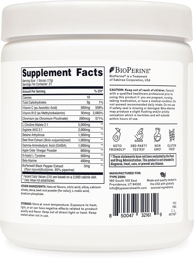 Type Zero Ultra Clean Stim Free Pump Pre Workout + Nitric Oxide Booster (Cherry Limeade) - Non Stimulating and Caffeine-Free for Men & Women