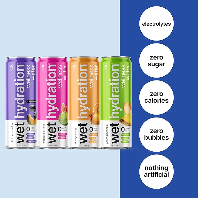 Wet Hydration, Zero Calorie, Functional Wellness Water - Trial Pack (12 Ounce Cans, Pack of 4) - Flavored Water, Hydration Drink, No Sugar, No Artificial Ingredients, Zero Calories (Packaging May Vary)
