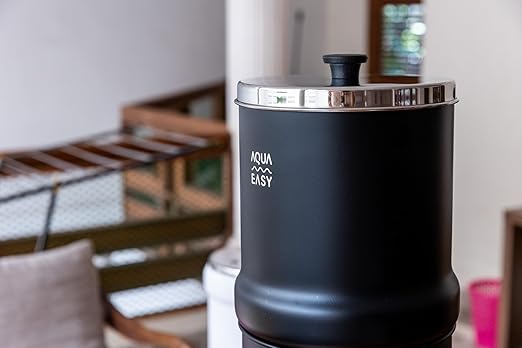 AquaEasy NSF/ANSI 372 Certified Stainless Steel Gravity Water Filter System (2.25 Gallon) 2X Activated Carbon Filter, Stainless Steel Tap and Wooden Stand | Countertop Water Filtration System (Black)