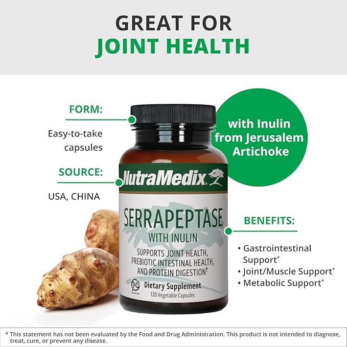 NutraMedix Serrapeptase Supplement with Proteolytic Digestive Enzymes for Women & Men - Inulin Prebiotic Fiber for Gut Health & Joint Support - Dairy, Soy & Gluten-Free (120 Capsules)