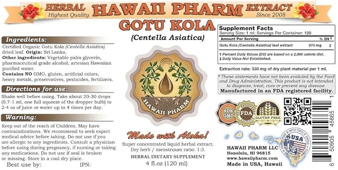 Hawaii Pharm Gotu Kola (Centella Asiatica) Liquid Extract Tincture 4 Oz (120ml)