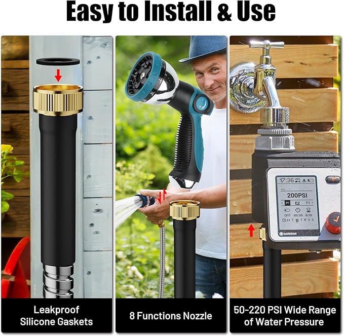 Garden Hose 25 ft, Stainless Steel Metal Water Hose 25 Feet with Nozzle, Flexible, Rust Proof, No-Kink, Heavy Duty, Leakproof 3/4 in Fittings, Lightweight Metal Hose, BT25S Model