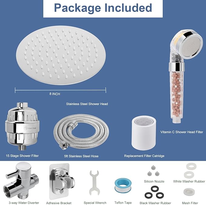 HarJue Filter Shower Head, High Pressure 8 Inch Rainfull with Filter Combo for Hard Water, Remove Chlorine Fluoride and Harmful Substances- 1 Replaceable Filter Cartridge (Round, Chrome)