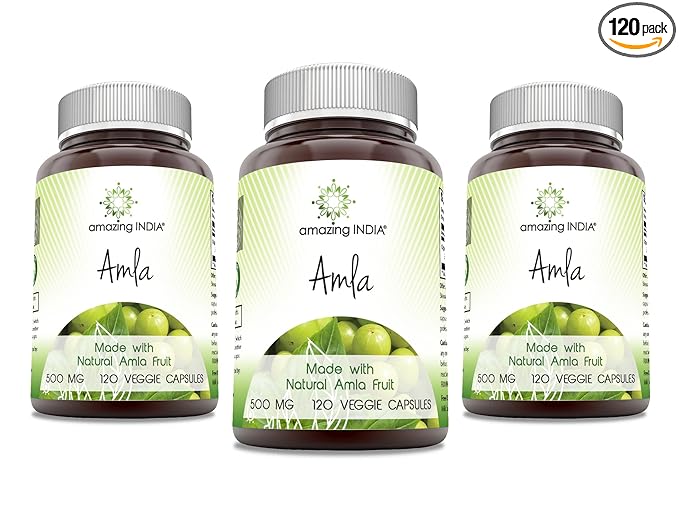 Amazing India Natural Amla 500 mg Per Serving Veggie Capsules Supplement | Non-GMO | Gluten Free | Ideal for Vegetarians | 120 Count | 3 Pack