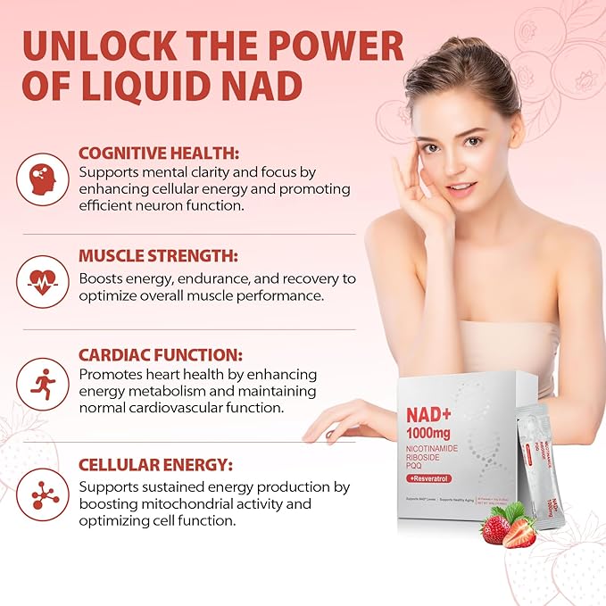 1000mg High-Potency NAD+ Liquid Supplement, Nicotinamide Riboside & Resveratrol with PQQ, Boosts Cellular Energy, Focus & Healthy Aging - 1 Pc