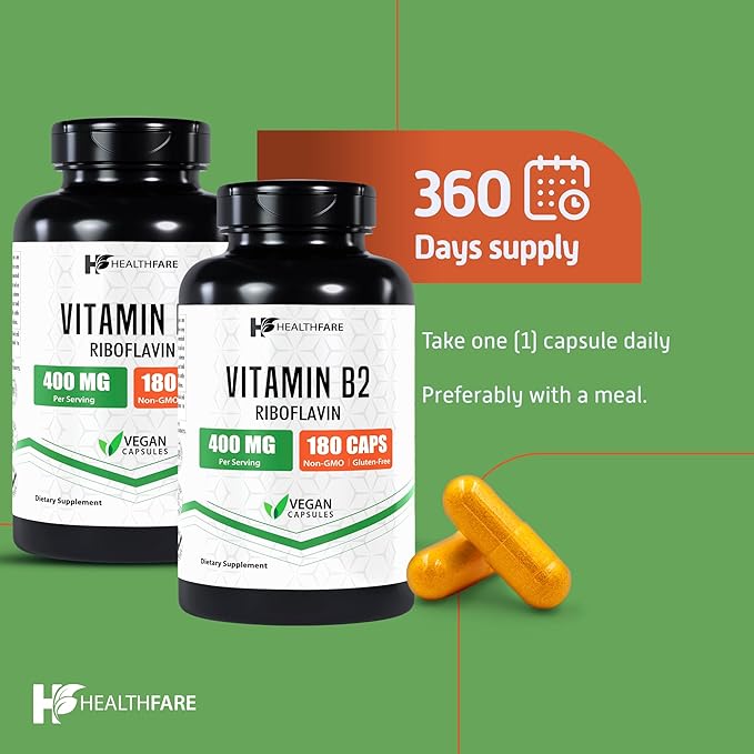 Vitamin B2 Riboflavin 400 mg | Pack of 2 | 180 Veg Capsules Each | Supplement | Gluten-Free | Non-GMO