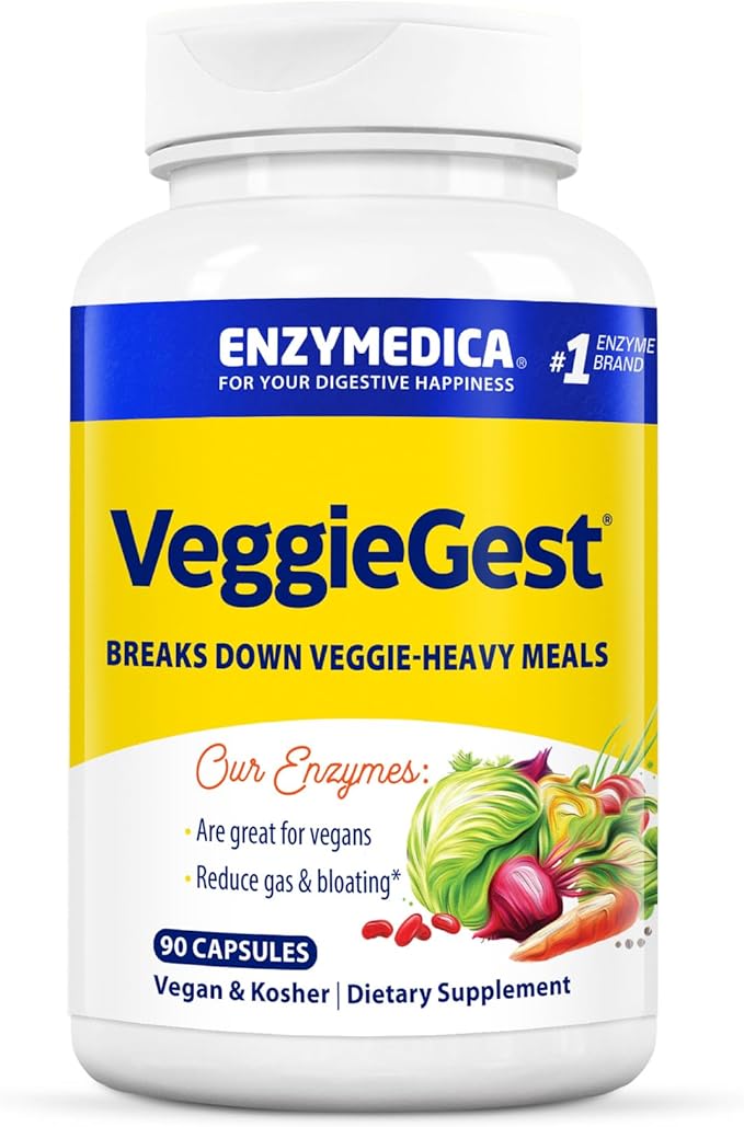 Enzymedica VeggieGest, Digestive Enzymes for Vegan, Vegetarian and Raw Diets, Prevents Gas and Bloating, 90 Count
