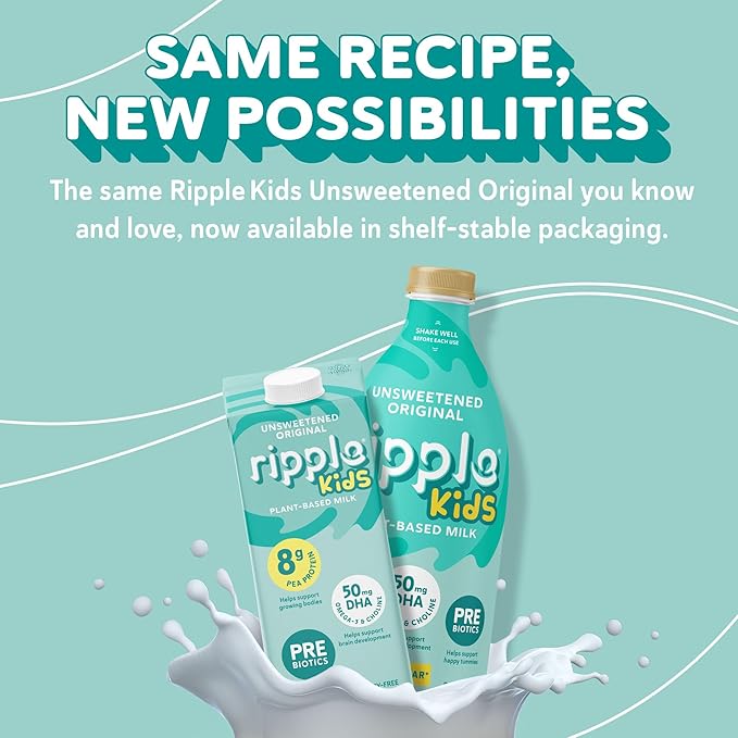 Ripple 32 oz Plant Based Milk 8g of Quality Sourced Pea Protein, Calcium Rich | Shelf Stable | Vegan & Non GMO Certified | Dairy, Soy, Nut, Gluten, & Lactose Free (Pack of 6) (32 Fl Oz (Pack of 6), Kids Unsweetened)