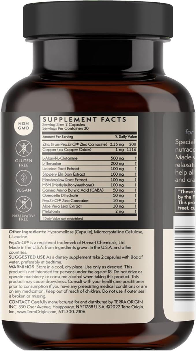 TERRA ORIGIN Healthy Gut Reset PM | 60 Veggie Capsules | Natural Sleep Aid Supplement for Sleep & Wake Cycles | GABA, L-Tryptophan, Melatonin, L-Glutamine, Licorice Root, Slippery Elm Root