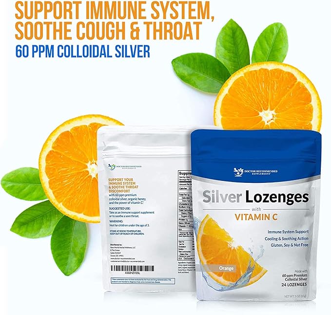 Silver Lozenges with Vitamin C - Premium Nano Silver 60 PPM Colloidal Silver, Organic Honey and Vitamin C Mineral Supplement Drops to Support Immune System, Soothe Cough & Throat - Pack of 2