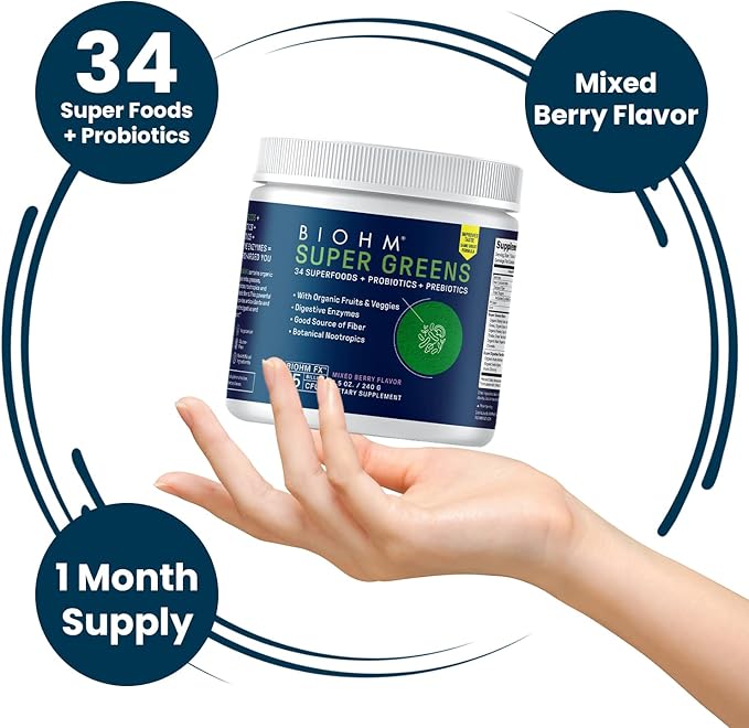 BIOHM Super Greens, Green Superfood Powder (8.5 Oz, 30 Servings) Antioxidant Veggie Powder & Smoothie Mix, 34 Superfoods & Spirulina, Digestive Enzymes, Prebiotics and Probiotics, Mixed Berry Flavor