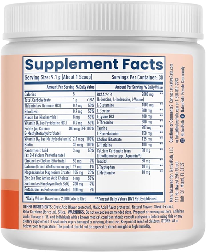 NativePath Native Hydrate, Zero Sugar, Electrolytes Powder with BCAAs, Peach Mango Hydration, Keto & Paleo Friendly, 30 Servings