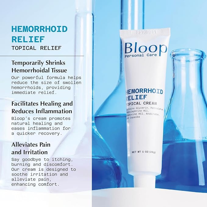 Bloop Hemorrhoid Relief Cream with Phenylephrine HCI & Pramoxine HCI, Andiroba/Copaiba Oils | Max. Strength for Pain & Inflammation (1oz)