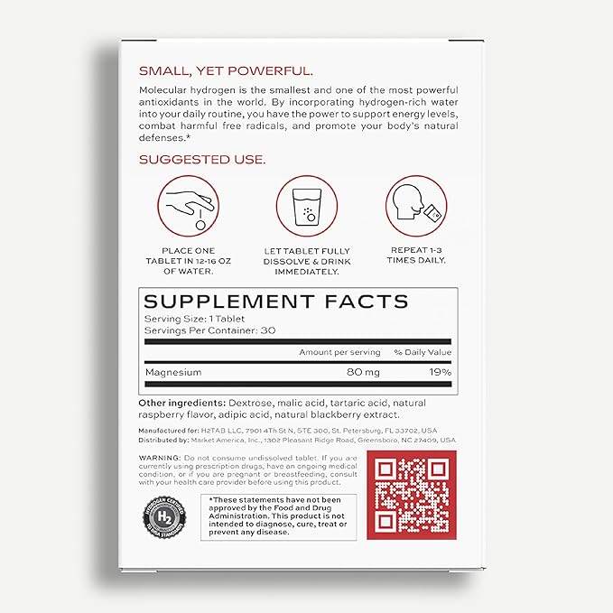 Molecular H2TAB Hydrogen Tablets with Magnesium -12 PPM Hydrogen Tablets for Drinking Water -Rich in Antioxidants, Supports Cellular Health, Recovery & Cognitive Function (30 Counts, Raspberry)