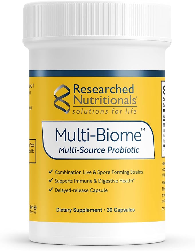 Researched Nutritionals Probiotics for Digestive Health - Multi-Biome - Live & Spore Based Probiotics for Gut Health & Immune Support + Healthy Histamine & Cytokine Activity (30 Capsules)