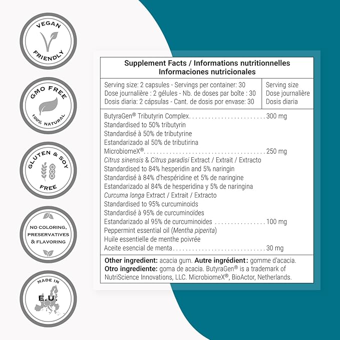 Supersmart Butyrate Colon Formula (Advanced Formula) - with Turmeric, MicrobiomeX & Peppermint Oil | Vegan & Gluten Free - 60 Gastro-Resistant Capsules