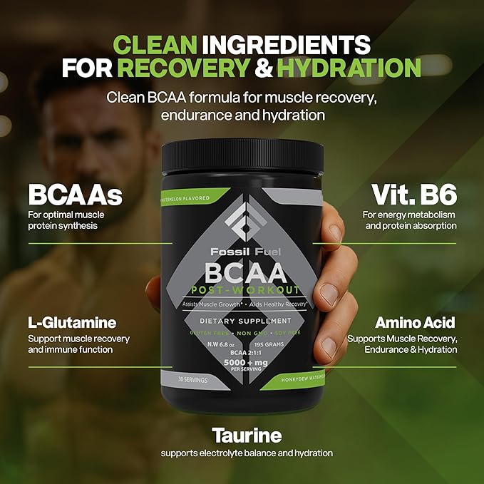 Fossil Fuel BCAA Sugar-Free Post-Workout Powder with BCAA’s, Glutamine, Vitamin B6 After Workout, Amino Acids for Muscle Recovery, Endurance and Hydration, Honeydew Watermelon (30 Servings)