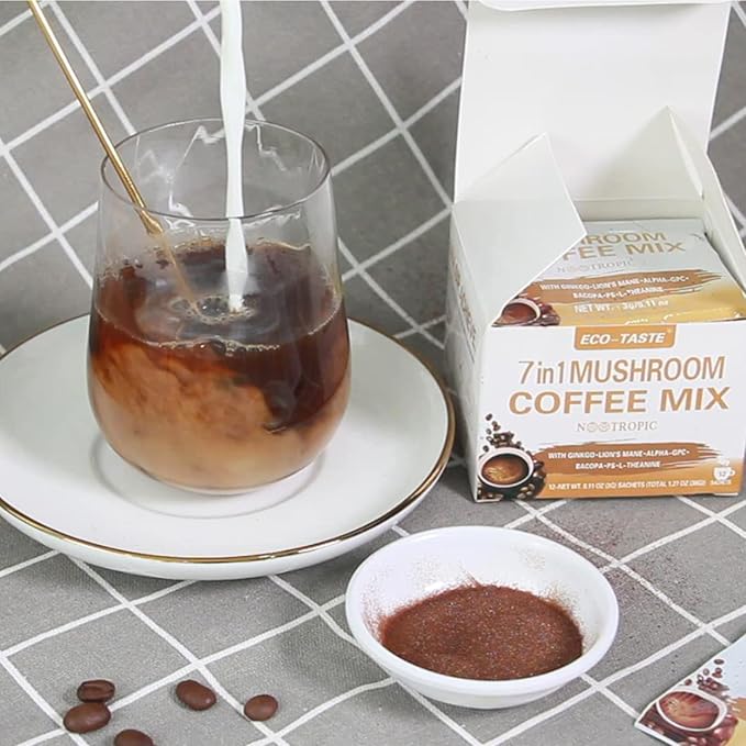 Mushroom Coffee Mix 7 in 1, with Ginkgo, Lions Mane, Alpha-GPC, Bacopa, PS, L-Theanine – 12 Sachets