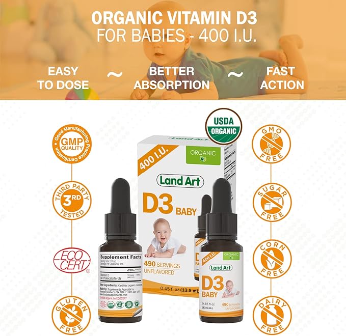 Land Art - Certified Organic Vitamin D3 Drops Baby – 400 IU per Drop – 490 Servings – Supports Bone & Teeth Development – Vitamin D Drops for Infants & Toddlers – GMO-Free - Gluten-Free – 0.45 fl oz