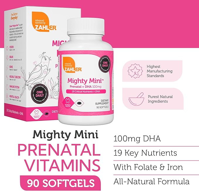 Zahler Mighty Mini Prenatal Vitamin with DHA & Folate - Certified Kosher - All Natural Prenatal Vitamins - Multivitamin for Pregnant Women - 19 Prenatal Vitamins Including Folic Acid (90 Softgels)