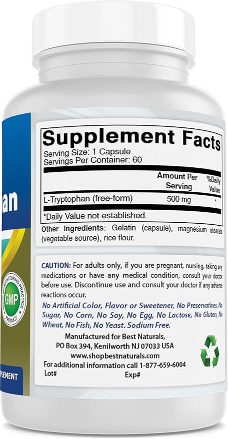 Best Naturals L-Tryptophan 500 mg 60 Capsules (60 Count (Pack of 3))