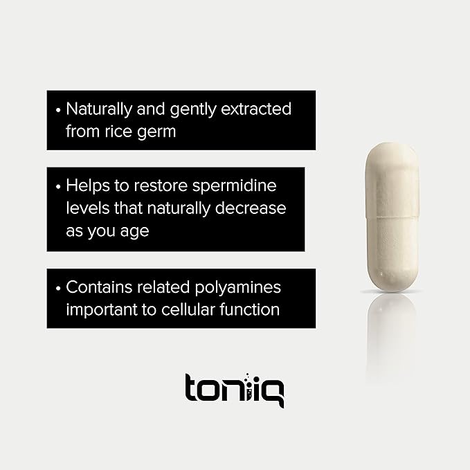 Toniiq Ultra Concentrated 500mg Spermidine Supplements for Men and Women - Non-Synthetic Spermidine Standardized to No Less Than 1% Spermidine - 5mg Spermidine per Serving Rice Germ Extract