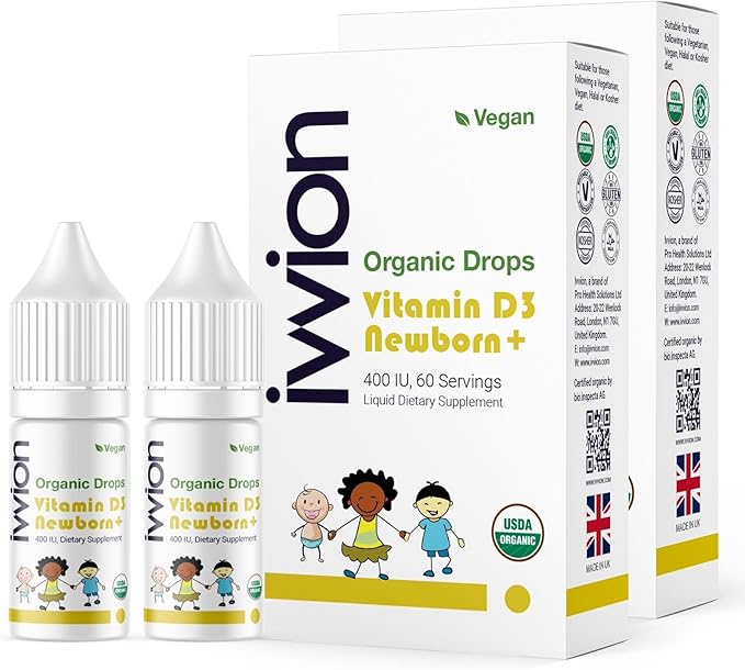 Organic Vegan 400IU, Vitamin D3, 60 Drops – Baby Drop for Infants & Toddlers | USDA Organic, Non-GMO, Plant-Based, No Additives or Preservatives, All Natural, Made in UK (Pack of 2)