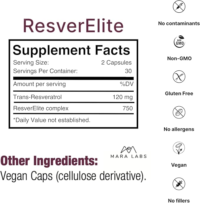 Mara Labs ResverElite | Bioavailable Resveratrol | Vegan, No Fillers, and Non-GMO | 60 Vegan Capsules