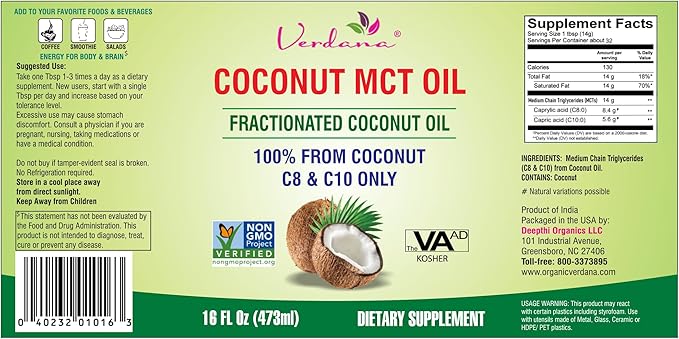 Verdana MCT Oil – 16 Fl Oz Dietary Supplement – 100% Coconut Derived, Fractionated, Food Grade – for Oil Pulling, Keto Coffee, Oral Rinse, Massage & Aromatherapy – Vegan, Non-GMO, Kosher