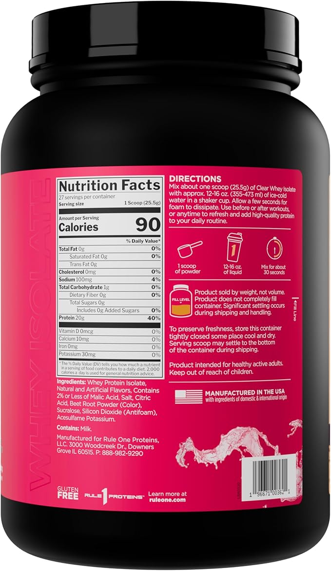 Rule 1 Clear Whey Isolate - 20g All-whey Isolate Protein, Over 9g EAAs, 300mg of Electrolyte Minerals, 90 Calories, Light, Crisp, and Refreshing Taste (27 Servings, Strawberry Lemonade)