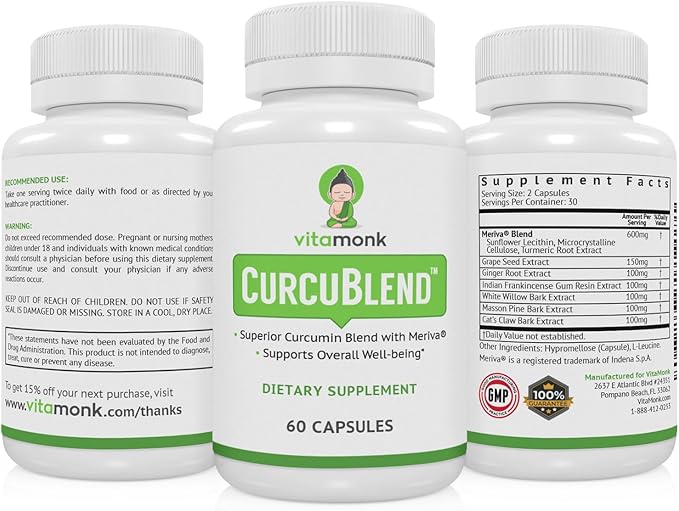 VitaMonk Turmeric and Ginger Complex with Meriva, Grape Seed, Boswellia Extract, Cat’s Claw and More - Ginger and Turmeric Supplements for Overall Health, Wellness and Immune Support - 60 Caps