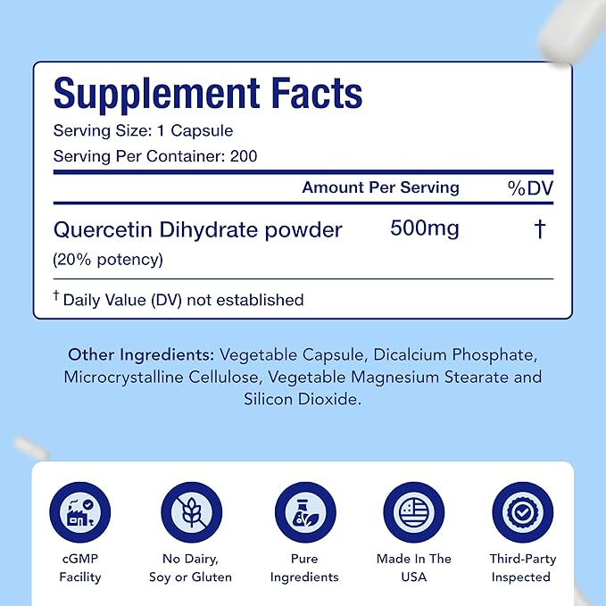 Quercetin 500mg Capsules | Vegan Friendly Quercetin Dihydrate High Potency Antioxidant Supplement for Skin Heart and Immune Support | Gluten-Free | Made in the USA in GMP Facilities (200 Servings)
