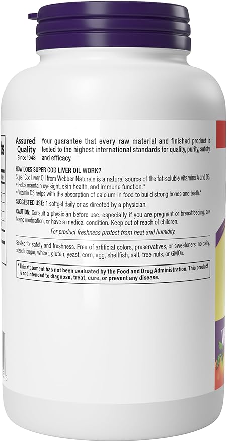 Webber Naturals Super Cod Liver Oil with Vitamin A and D3, 1100 mg Cod Liver Oil per Softgel, 180 Softgels, Value Size, Dairy, Gluten and Shellfish Free, Immune Support