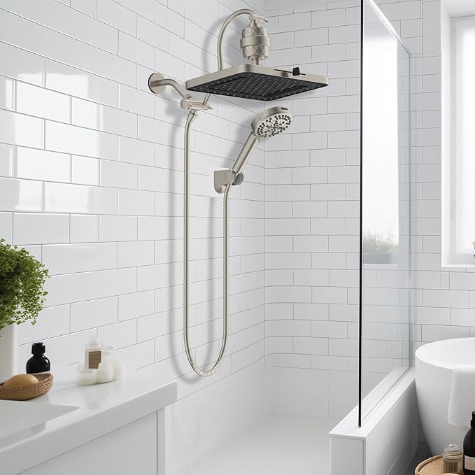 Hibbent 5-spray 13'' Dual Filtered Rainfall Shower Head Combo, High Pressure 10-setting Handheld Shower Head with 12'' Adjustable Extension Arm, 20 Stage Shower Filter, 71'' Hose, Brushed Nickel