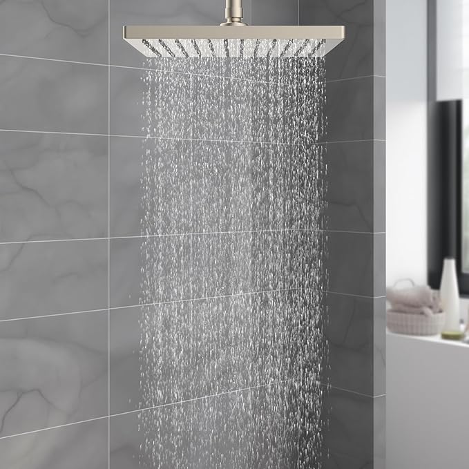 Hibbent Thickness Metal Rain Shower Head, 12 Inch High Pressure Shower Heads, Square Large Bathroom Rainfall Shower Head with Adjustable Brass Ball Joint, Waterfall Full Body Coverage, Brushed Nickel