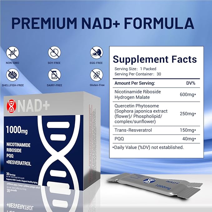 Premium NAD+ Liquid Supplement 1000mg Packets with Nicotinamide Riboside & Resveratrol for Cellular Energy, DNA Repair, Anti-Aging Support & Mental Clarity, 30 Packs