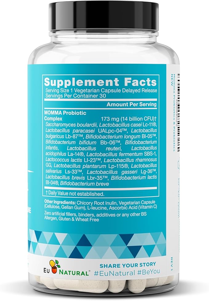 Momma Prenatal Probiotics Mom & Baby – Gut and Digestive Postpartum, Nursing, Morning Sickness Pregnancy Relief – 18 Clinically Proven Strains, 14 Billion CFU, Prebiotic – 30 Mini Vegan Capsules