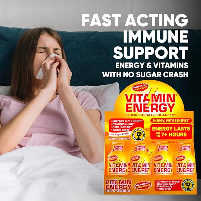 Vitamin Energy Immune+ Extra Strength Energy Shot Orange Burst 12 Pack, 260mg Natural Caffeine, B-Vitamins, Citicoline, Green Tea, Immunity & Focus Support, Zero Sugar, Gluten-Free 1.93 fl oz
